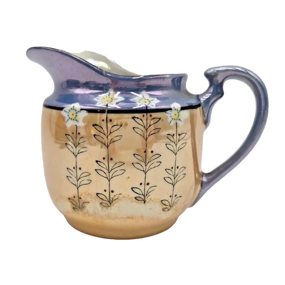 Vtg Japanese Lusterware Creamer Handpainted‎ Floral Cream/Peach Blue